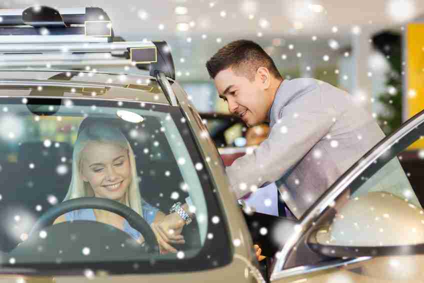 Car Salesmen Showing Women Car in The Snow
