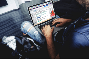 Man sitting with dog browsing the internet on his laptop